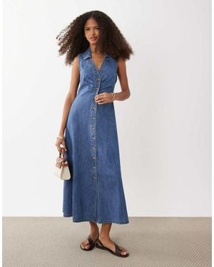 New Look Sleeveless Ruched Denim Midi Dress - Blue