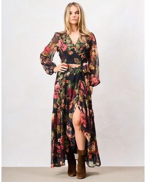 Hope & Ivy The Betty Blouson Sleeve Maxi Wrap Dress With Tie Waist - Black