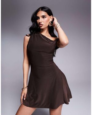 Kaiia Exclusive Double Layered Slinky Off Shoulder Drape Detail Fitted Waist Mini Skater Dress - Brown