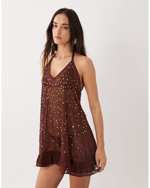 Miss Selfridge Beach Chiffon Halterneck Mini Dress With Embellishment - Brown