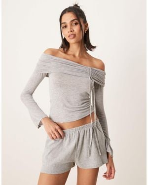 Gina Tricot Off Shoulder Top With Ruche Channel Detail And Fluted Sleeves - Gray