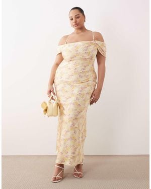Pretty Lavish Curve Pretty Lavish Satin Cowl Neck Cold Shoulder Slip Maxi Dress - Natural