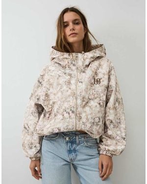 Bershka Water-resistant & Windproof Hooded Print Jacket - Natural