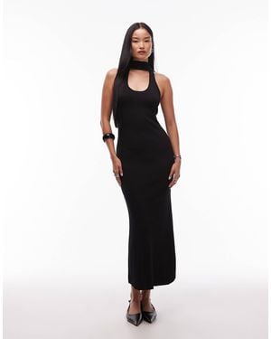 SNDY'S Premium Ribbed Knit Scoop Neck Scarf Detail Fishtail Maxi Dress - Black