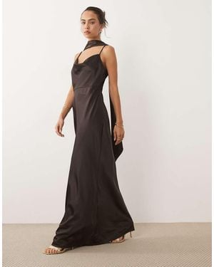 Vero Moda Cowl Neck Satin Cami Midi Dress With Scarf Detail - Brown