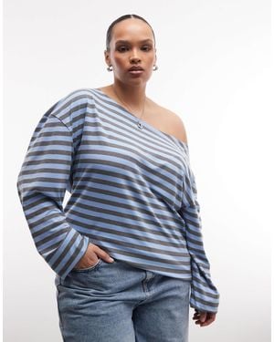 Collusion Plus Long Sleeve Off The Shoulder Stipe Top - Blue