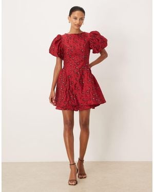 Sister Jane Floral Jacquard Puff Sleeve Mini Dress - Red