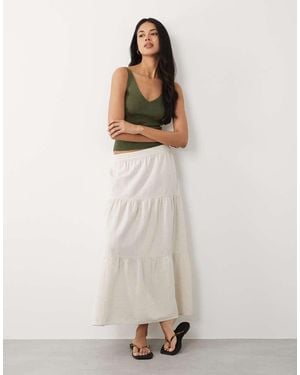 Vila Falda Larga Color Crema Escalonada De Estilo Boho De Mezcla De Lino De -Blanco