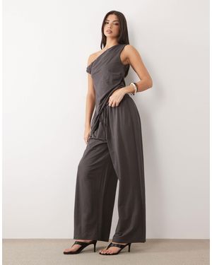ASOS Pantalon large d'ensemble aspect lin à taille nouée - anthracite - Gris