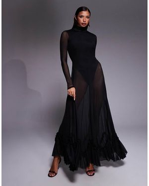 AFRM Sheer Overlay Roll Neck Body Ruffle Trim Maxi Dress - Black
