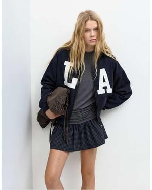 Pull&Bear Hoodie With Zipper And Graphic - Blue