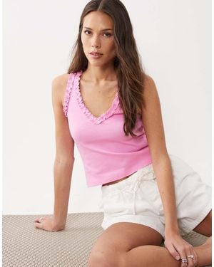 Miss Selfridge V-neck Ribbed Tank Top With Lace Trim - Pink
