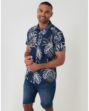 Threadbare Leaf Print Cotton Short Sleeve Shirt - Blue