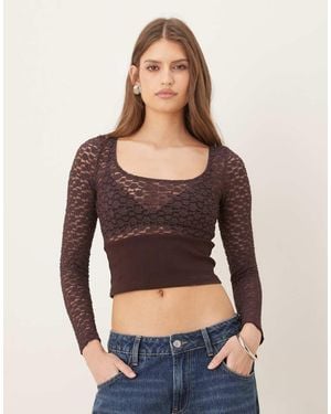 Motel Nolita Long Sleeve Ribbed Waist Lace Top - Blue
