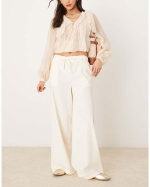 Pimkie Drawstring Tie Waist Wide Leg Trousers - Natural