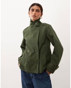 Threadbare Short Trench Jacket With Funnel Neck Detail - Green