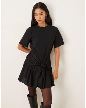 ASOS Tie Front T-shirt Mini Dress With Poplin Skirt - Black
