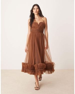 LACE & BEADS Corset Tulle Ruffle Hem Midaxi Dress - Brown