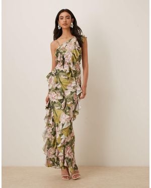 ASOS One Shoulder Asymmetric Ruffle Satin Embellished Maxi Dress - Natural