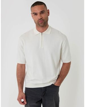 Threadbare Relaxed Fit Knitted Quarter Zip Polo - White