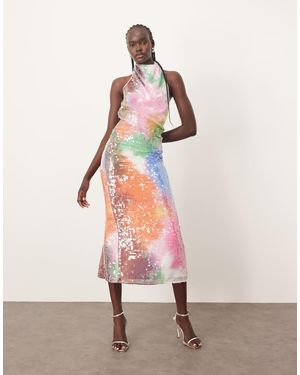ARRANGE Embellished Draped Halter Column Maxi Dress - Pink