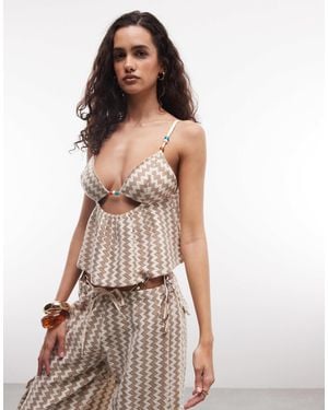 Roxy Zigzag Stripe Beach Crop Top With Bead Detail - Natural