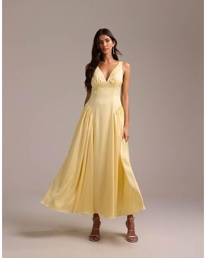 ASOS Bridesmaids Satin Plunge Neckline Dropped Waist Midi Dress - Natural