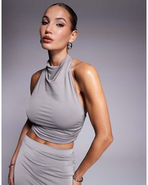 Aria Cove Slinky High Neck Crop Top Co-Ord - Grey