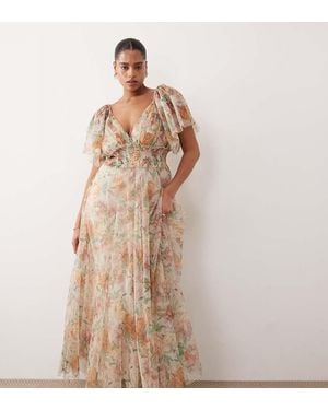 Lace & Beads Plus Tulle Maxi Dress - Brown