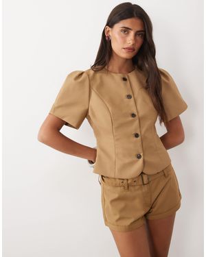 Lioness Femme Cotton Rich Puff Sleeve Button Up Blouse Co-ord - Brown