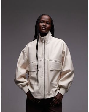 AllSaints Flor Funnel Neck Leather Bomber Jacket - Gray