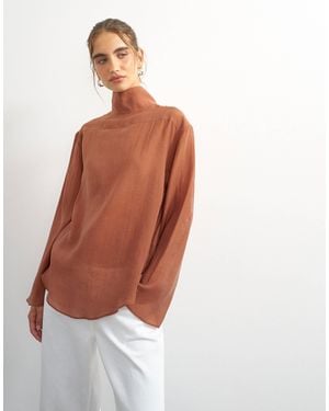 TOPSHOP Button Back Funnel Neck Shirt - Brown