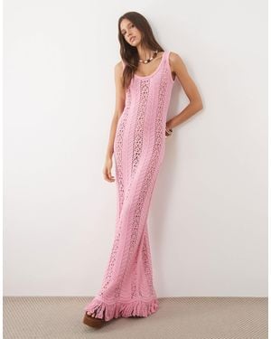 ASOS Crochet Knit Maxi Dress With Fringe - Pink