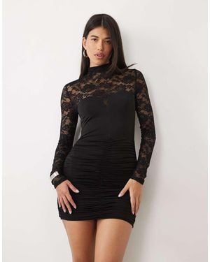 Ruched & Ready High Neck Long Sleeve Lace Ruched Detail Mini Dress - Black