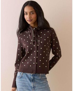 Nobody's Child Polka Dot Jacquard Cardigan With Neck Tie - Brown