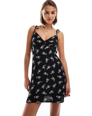 Brave Soul Floral Print Flare Mini Dress With Tie Straps - Black