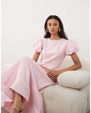 Sister Jane Midi Jurk Van Jacquard Met Pofmouwen En Gestructureerde Zoom - Roze