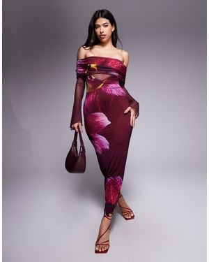 Kaiia Exclusive Double Layered Slinky Mesh Bardot Sheer Angel Sleeve Panel Detail Maxi Dress