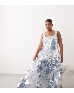 ARRANGE Curve Embellished Disc Sequin Square Neck Full Skirt Midi Dress - White