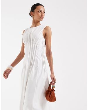 Vero Moda Poplin Pleated Waist Sleeveless Midi Dress - White
