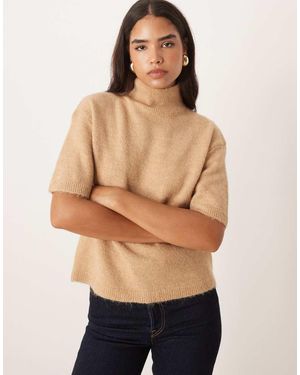 Gina Tricot Short Sleeve Funnel Neck Knitted Wool Alpaca Top - Natural