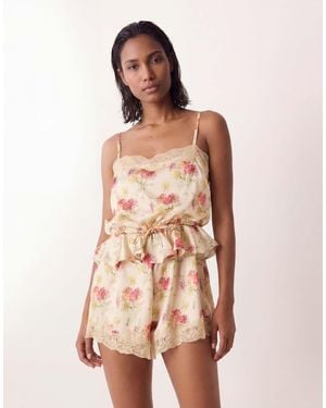 ASOS Satin Playsuit With Lace Trims - Natural