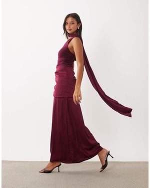 TFNC London Satin And Slinky One Shoulder Drape Detail Scarf Neck Maxi Dress - Red