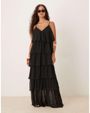 Vila Vestido Largo De Tirantes Con Volantes De - Negro