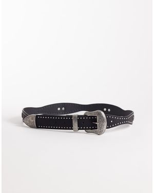 ASOS Faux Leather Western Studded Belt With Engraved Texture Buckle - Black
