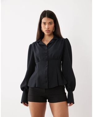 DASKA Bluse mit v-ausschnitt, kragen, taillierter taille und ballonärmeln - Schwarz