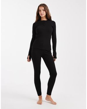 Threadbare Ribbed Button Down Long Sleeve Loungewear Set - Black