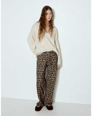 Pull&Bear Leopard Print Trousers With Drawstring - Natural