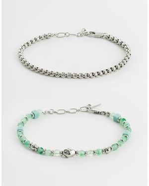 ASOS 2 Pack Green Prehnite Semi-precious Square Beaded And Chain Bracelet - Grey