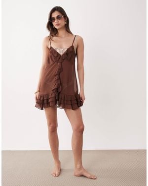 Miss Selfridge Beach Chiffon Frill Mini Dress - Brown